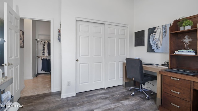 home office featuring dark hardwood / wood-style flooring