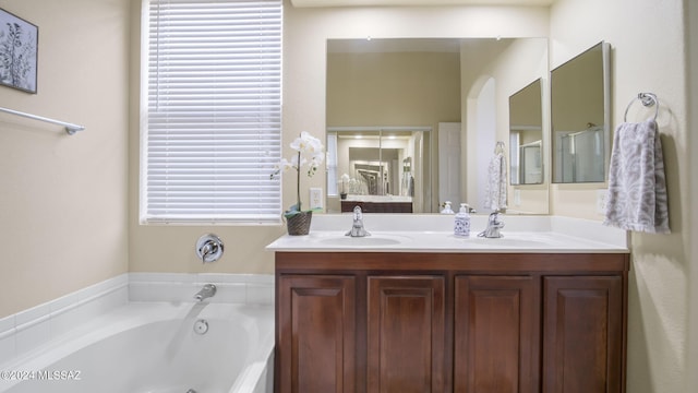 bathroom featuring vanity, a tub to relax in, and a wealth of natural light