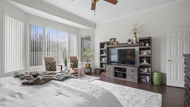 bedroom featuring ceiling fan, ornamental molding, and dark wood-type flooring