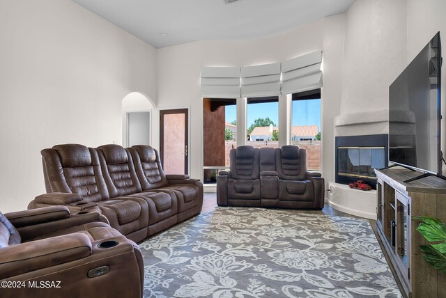 living room featuring a large fireplace and hardwood / wood-style flooring