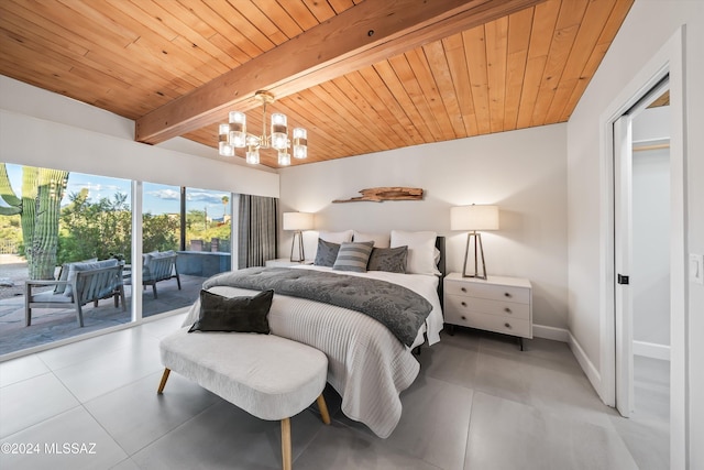 bedroom featuring access to exterior, wood ceiling, light tile patterned floors, an inviting chandelier, and beamed ceiling