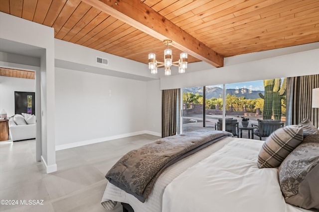 bedroom with beam ceiling, wooden ceiling, access to outside, and a notable chandelier