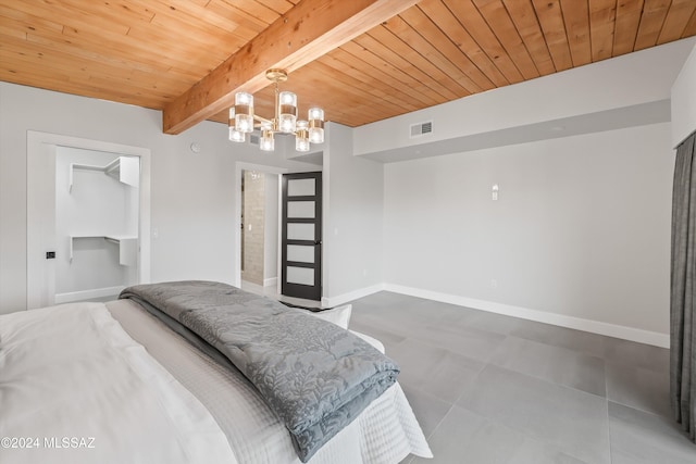 bedroom featuring a notable chandelier, beam ceiling, and wooden ceiling