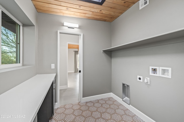 clothes washing area featuring electric dryer hookup, wooden ceiling, and washer hookup