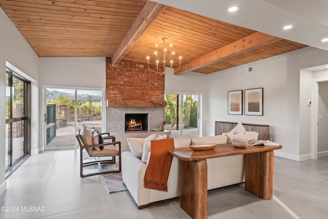 tiled living room featuring lofted ceiling with beams, a wealth of natural light, a fireplace, and wooden ceiling