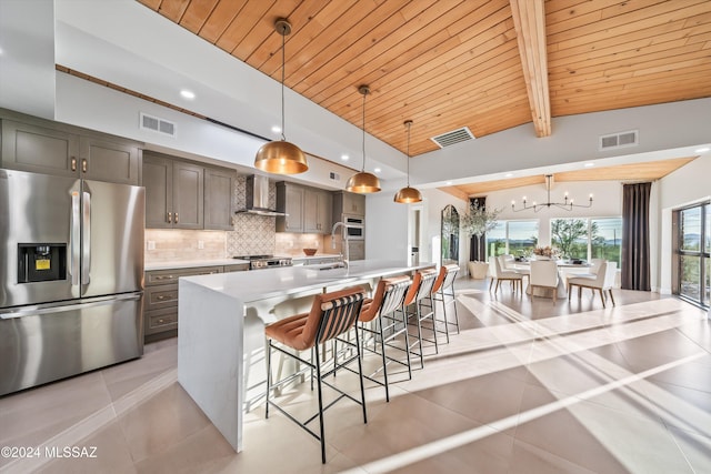 kitchen featuring a kitchen bar, stainless steel appliances, wall chimney range hood, decorative light fixtures, and a center island with sink