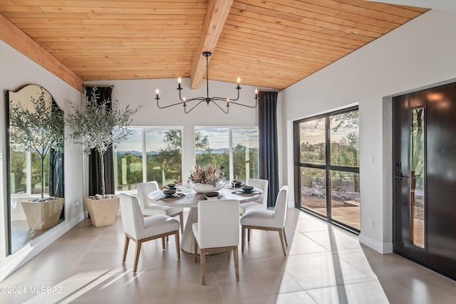 dining space featuring lofted ceiling with beams, light tile patterned floors, wood ceiling, and a chandelier