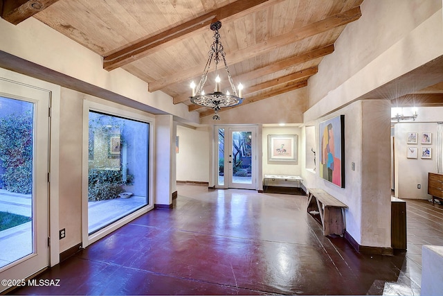 interior space with wood ceiling, high vaulted ceiling, a chandelier, and beam ceiling