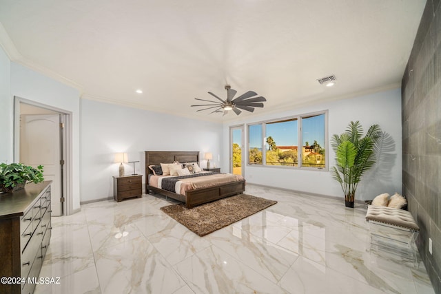 bedroom featuring crown molding, tile walls, and ceiling fan