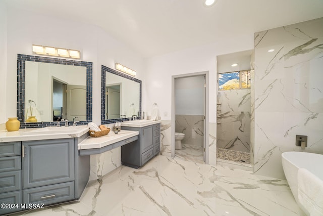 full bathroom featuring vanity, plus walk in shower, toilet, and tile walls