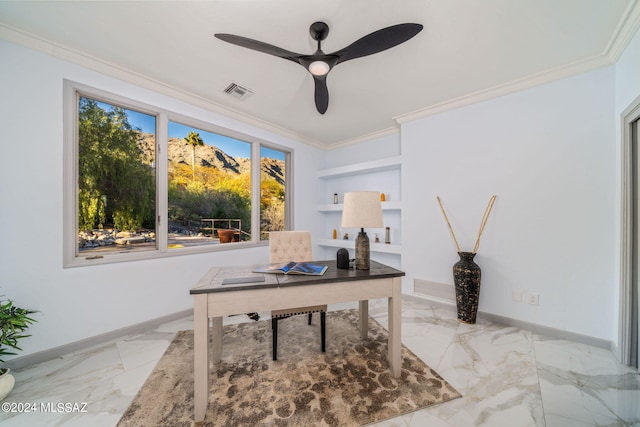 office featuring ornamental molding and ceiling fan