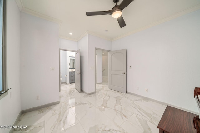 unfurnished bedroom with crown molding and ceiling fan