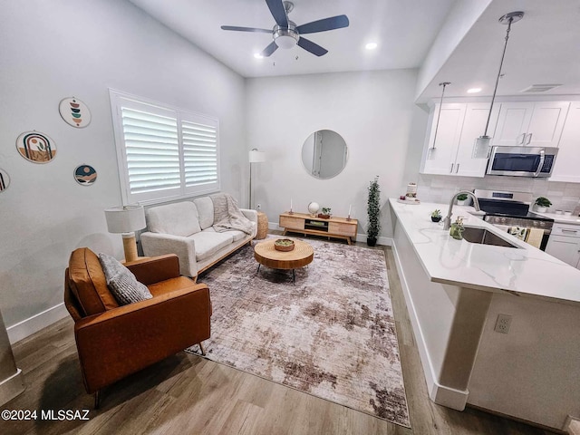 living room with wood-type flooring, sink, and ceiling fan