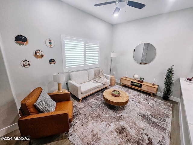 living room featuring ceiling fan and hardwood / wood-style floors