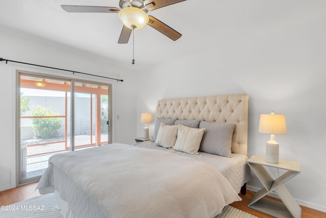 bedroom with access to outside, light wood-type flooring, and ceiling fan