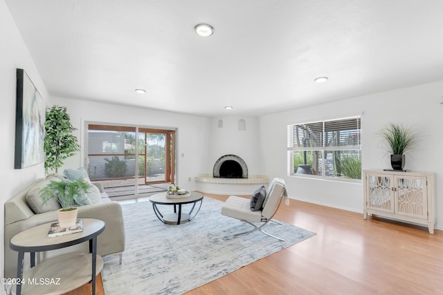 living room featuring light hardwood / wood-style flooring and a fireplace