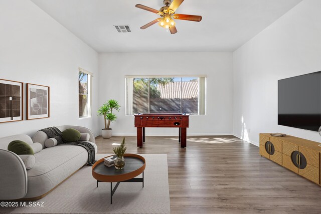 living room with ceiling fan and wood-type flooring