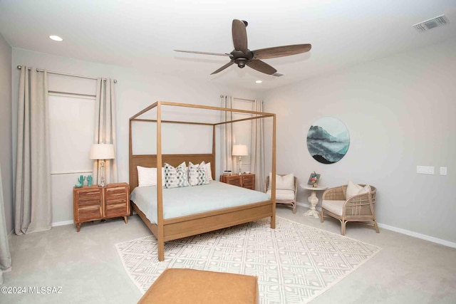 carpeted bedroom with ceiling fan