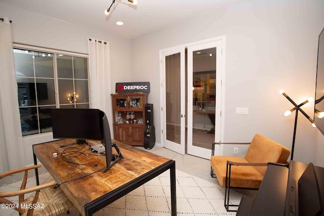 office area with recessed lighting, a chandelier, baseboards, and french doors