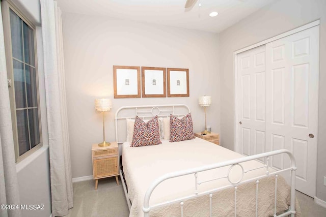 carpeted bedroom featuring recessed lighting, a closet, a ceiling fan, and baseboards