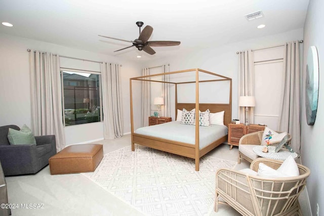 bedroom with ceiling fan, visible vents, and recessed lighting