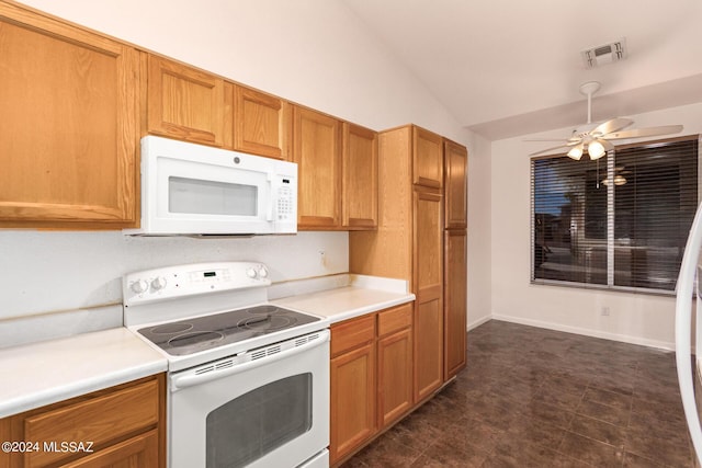 kitchen featuring light countertops, visible vents, white appliances, a ceiling fan, and lofted ceiling