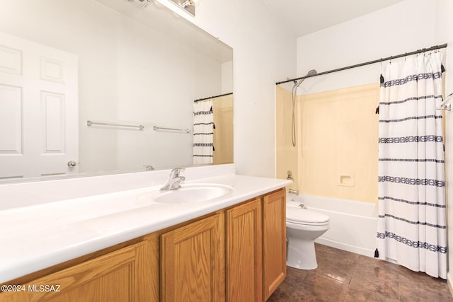 full bathroom with shower / bath combination with curtain, tile patterned floors, vanity, and toilet