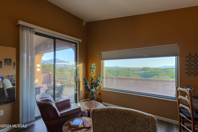 living area featuring wood-type flooring and a mountain view