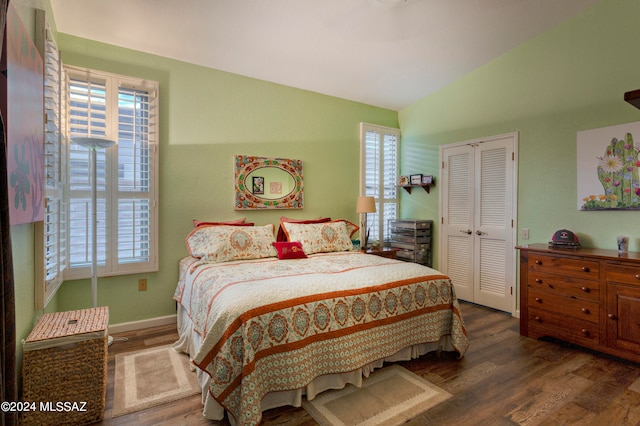 bedroom featuring vaulted ceiling, dark hardwood / wood-style floors, and a closet