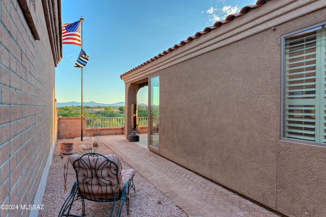 view of patio with a mountain view