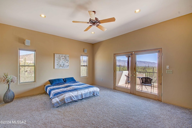 carpeted bedroom with access to outside, ceiling fan, and recessed lighting