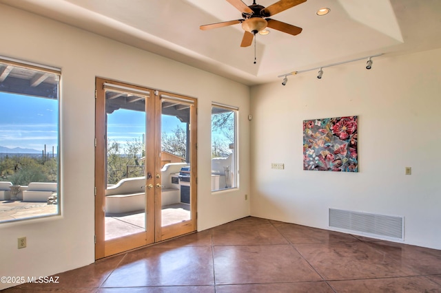 doorway featuring french doors, recessed lighting, visible vents, rail lighting, and ceiling fan