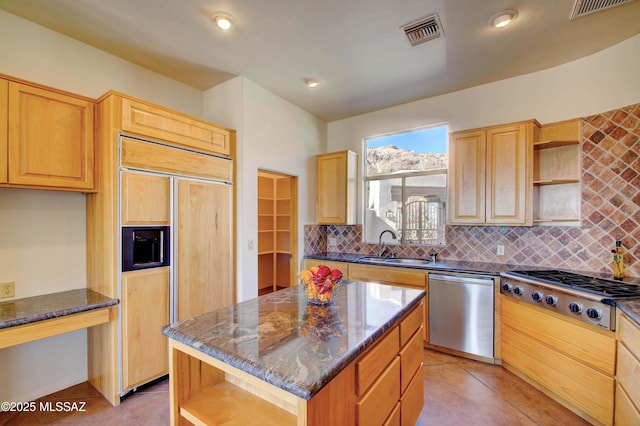 kitchen featuring tasteful backsplash, visible vents, appliances with stainless steel finishes, open shelves, and a sink