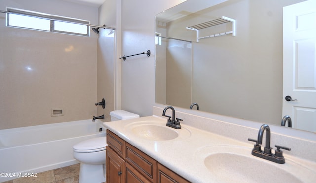 full bathroom featuring shower / tub combination, tile patterned floors, vanity, and toilet