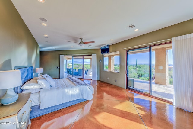 bedroom featuring access to outside, concrete floors, and ceiling fan