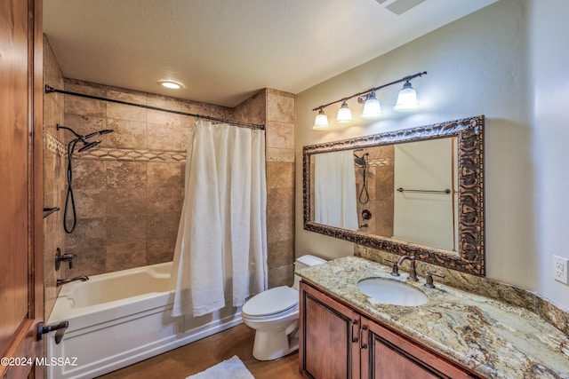 full bathroom featuring shower / bath combination with curtain, toilet, and vanity