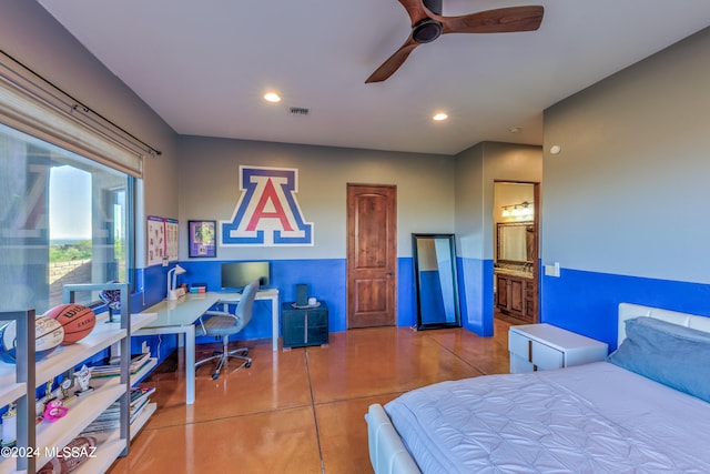 tiled bedroom with connected bathroom and ceiling fan