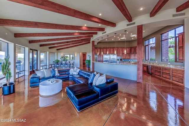 living room featuring lofted ceiling with beams and sink