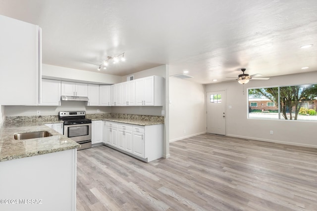 kitchen with light hardwood / wood-style floors, white cabinetry, ceiling fan, and stainless steel range with electric cooktop