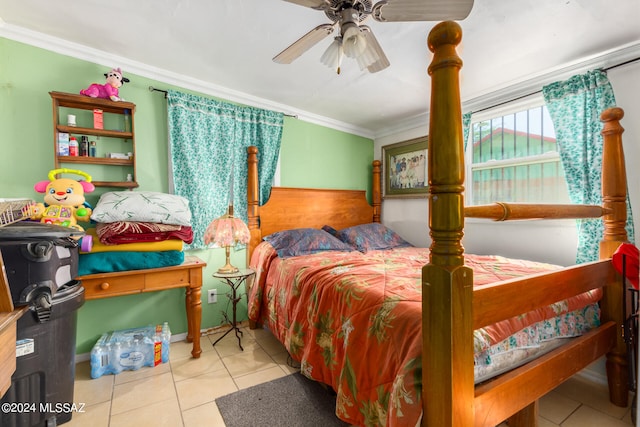 bedroom with ornamental molding, light tile patterned floors, and ceiling fan