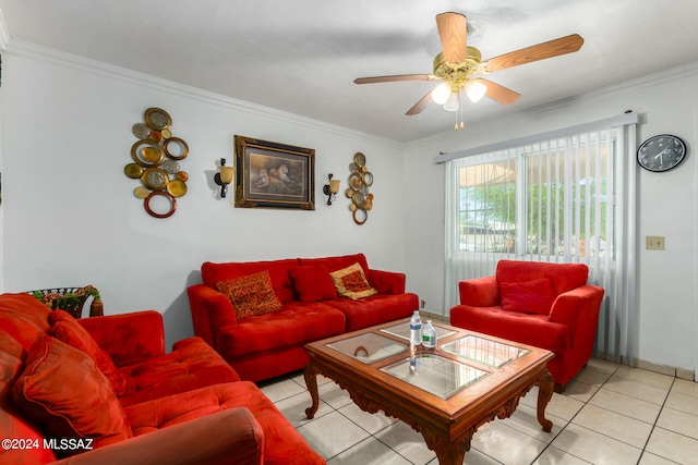 living room with ornamental molding, light tile patterned floors, and ceiling fan