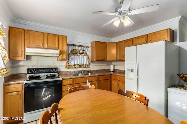 kitchen featuring ceiling fan, white appliances, sink, decorative backsplash, and ornamental molding