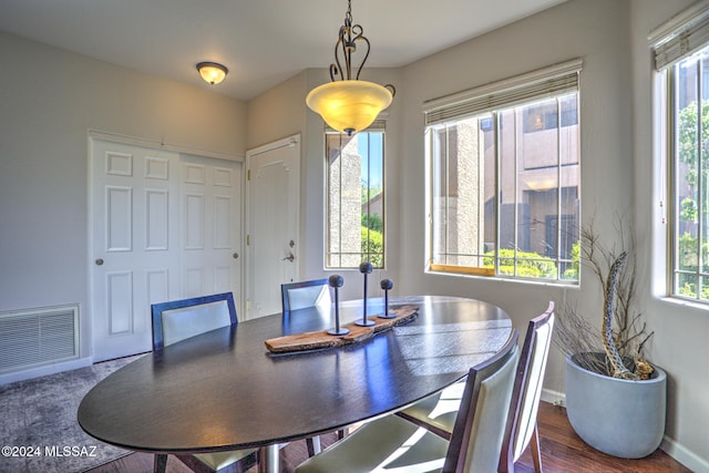 dining space featuring dark wood-type flooring and a healthy amount of sunlight