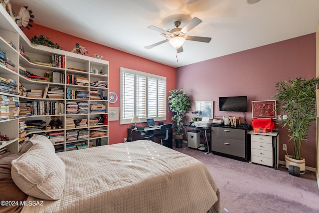 bedroom with ceiling fan and carpet floors