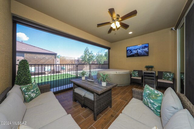 9745 S Desert Flint Dr, Tucson, AZ 85747 - living area with ceiling fan, wood tiled floor, and recessed lighting