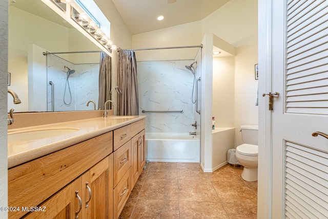 full bathroom with vaulted ceiling, shower / bathtub combination with curtain, tile patterned floors, vanity, and toilet