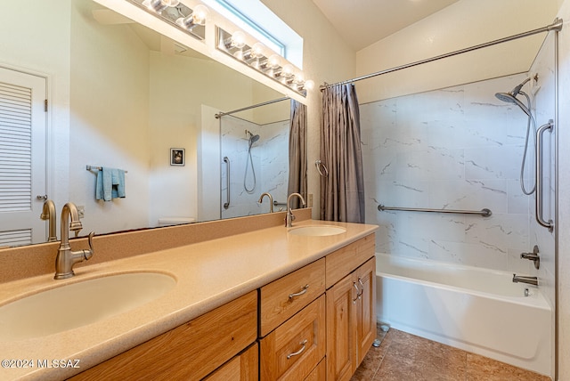 full bathroom with shower / tub combo with curtain, vanity, toilet, and tile patterned flooring