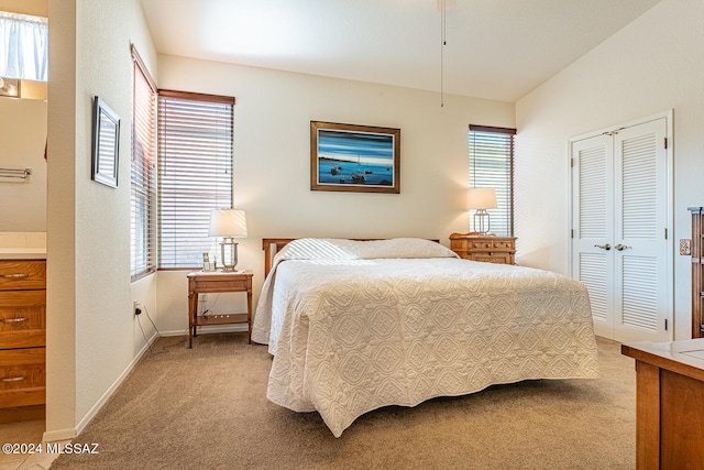 bedroom featuring light carpet, a closet, and multiple windows