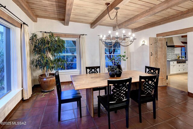 tiled dining area with beamed ceiling, a chandelier, and wood ceiling