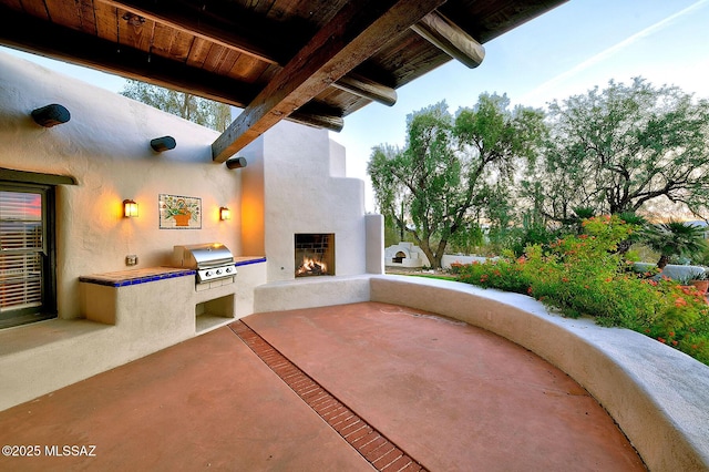 view of patio / terrace featuring a grill, area for grilling, and exterior fireplace